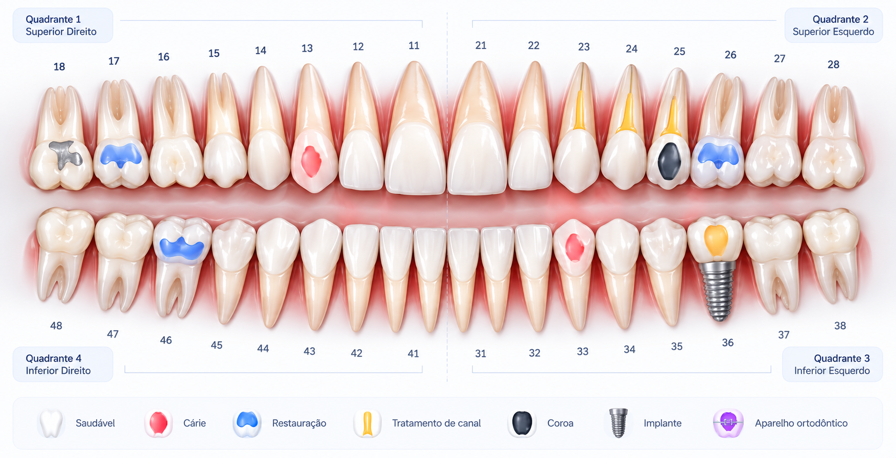 Odontograma ilustrativo com arcadas superior e inferior, numeração dentária e condições clínicas